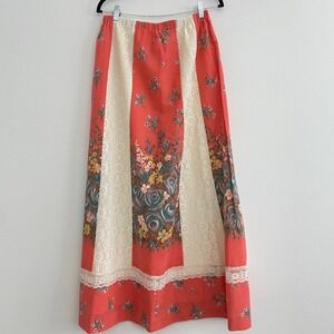 Vintage 70s Tumbleweeds Skirt Women M Floral Maxi Crochet Trim Cottagecore